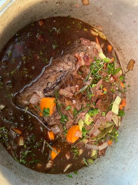 Beef in Barolo or Merlot in Dutch oven