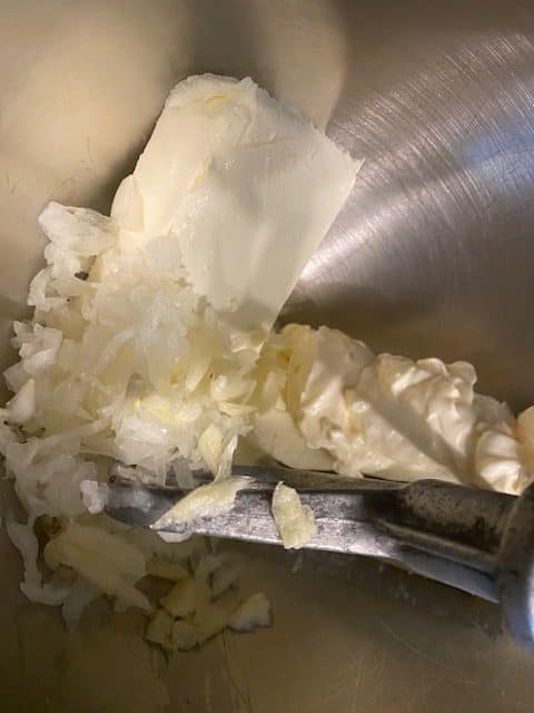 Cream Cheese, mayonnaise, grated onion, and garlic.