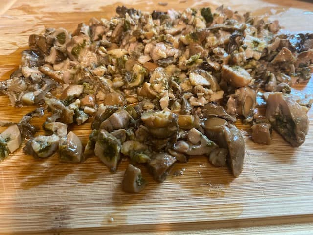 Chopped up smoked oysters